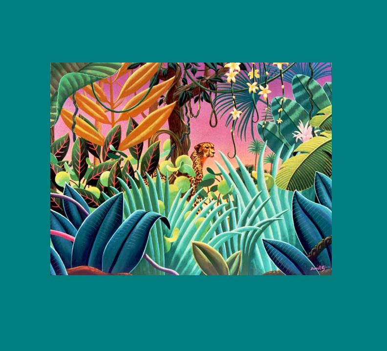 tropical colors, big cat, vines, wild foliage