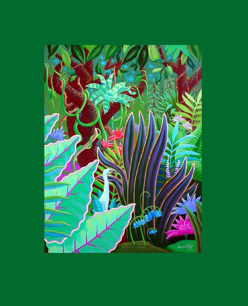 dark jungle, vibrant flowers, vines, rainforest