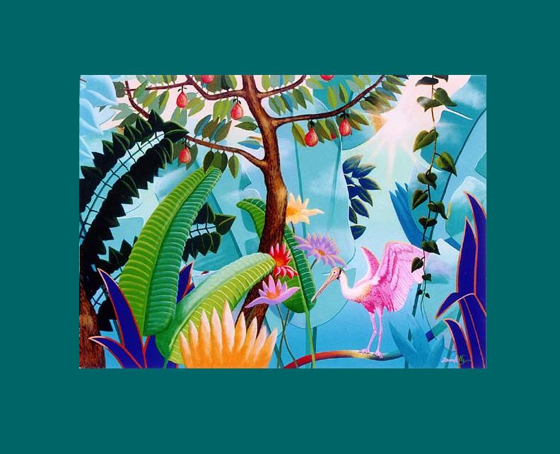 spoonbill, fruit on tree, bright colors, heavy foliage